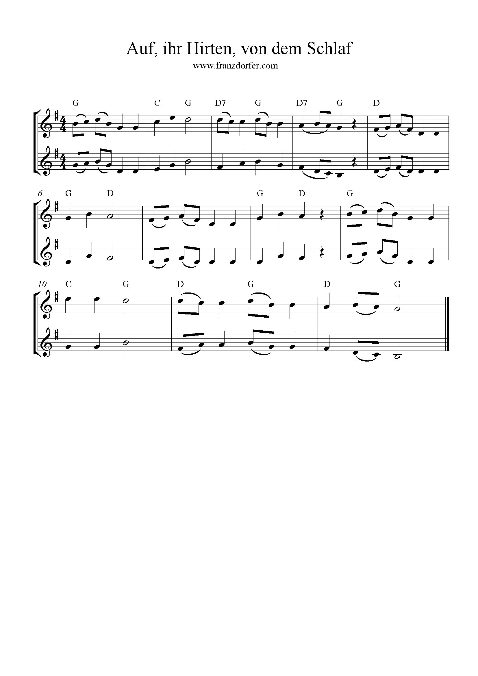 Auf ihr Hirten von dem Schlaf Noten 2stimmig, G-Dur, Auf ihr Hirten von dem Schlaf